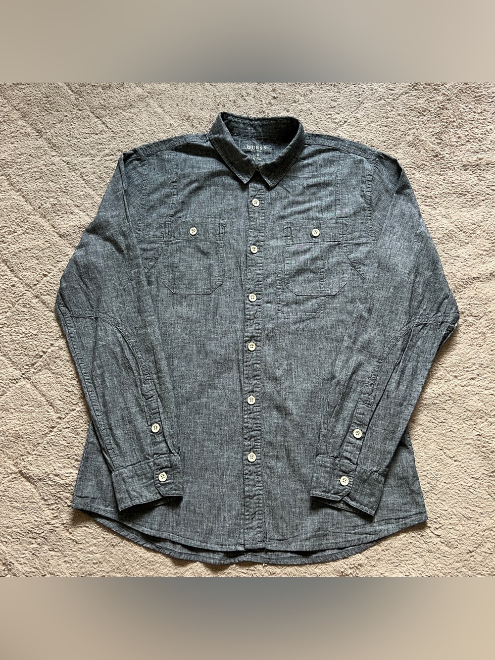 Guess Chambray Button Down Shirt Sz L Slim Fit Cotton Linen Minimal Capsule Grey